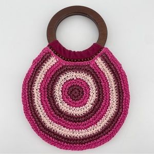 Old Navy Women’s Wooden Handle Crochet Handbag Fuchsia Pink Beaded Boho Y2K